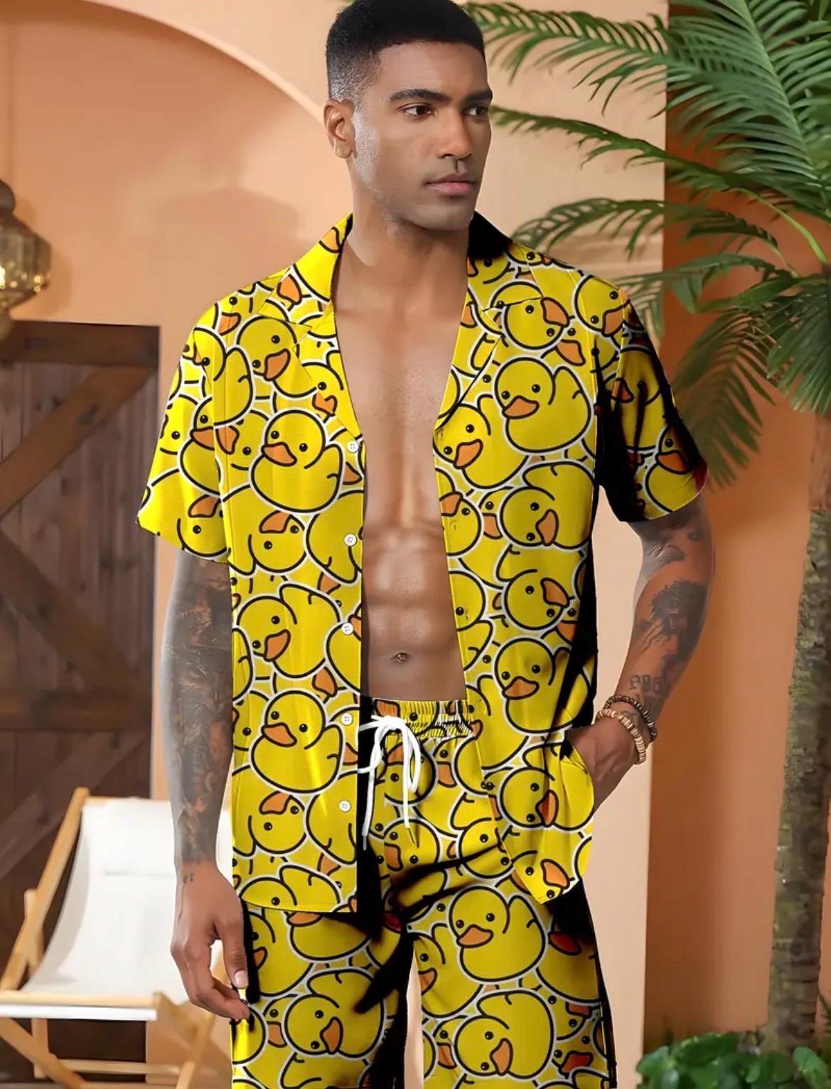 Men's Yellow Duck Print Shirt and Shorts Set, Summer Beach Vacation Outfit
