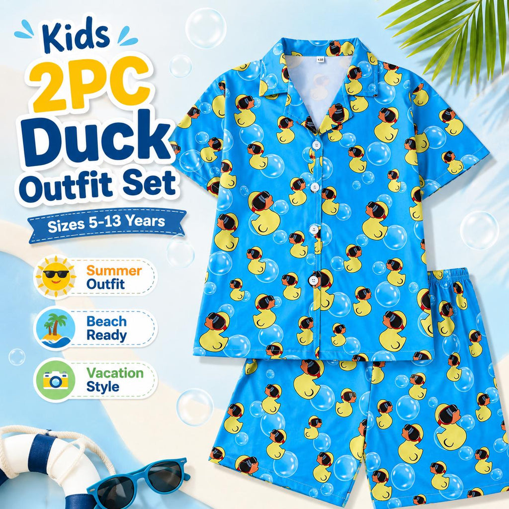 Boys Rubber Duck Summer Outfit Set, Beach Vacation Button-Up Shirt and Shorts