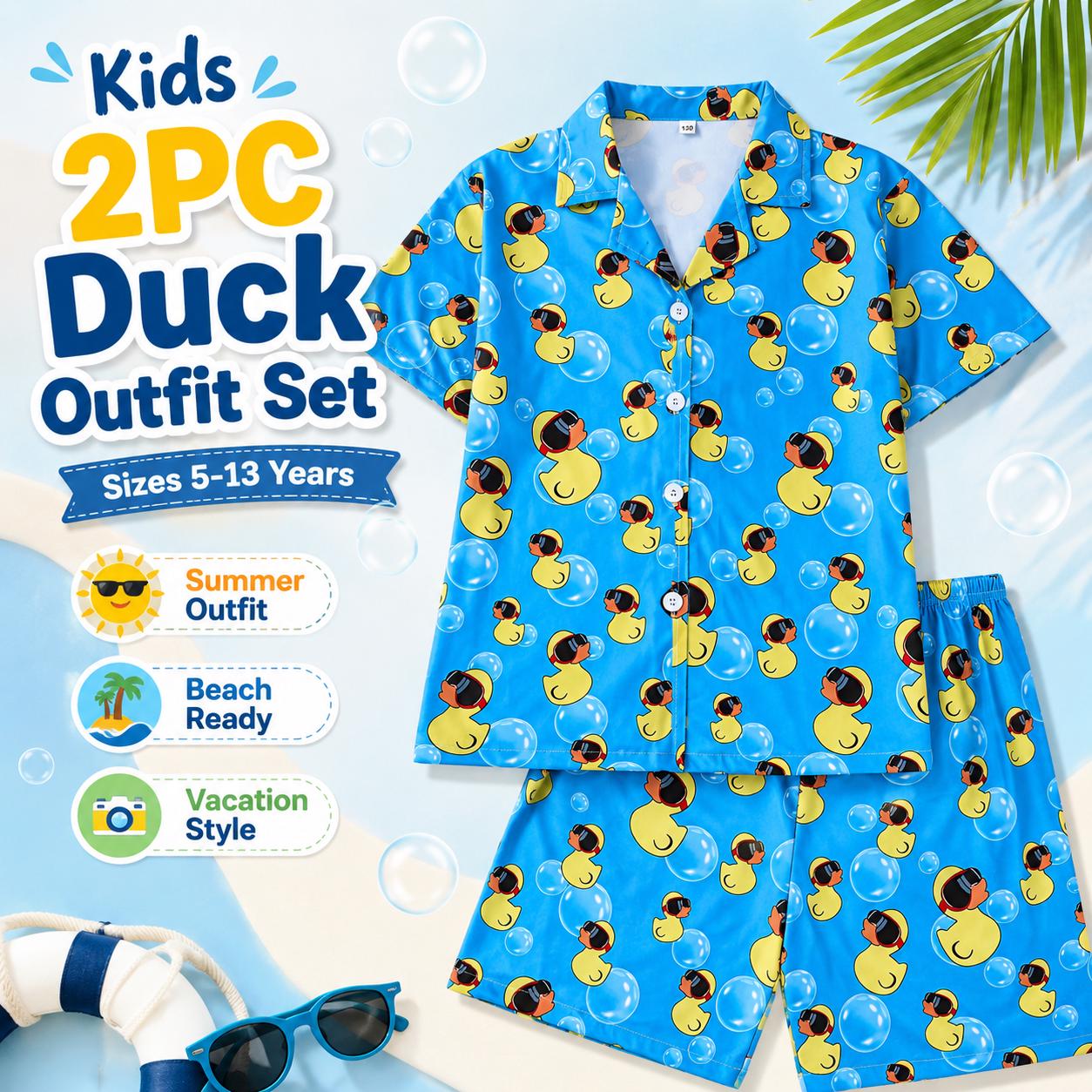 Boys Rubber Duck Summer Outfit Set, Beach Vacation Button-Up Shirt and Shorts
