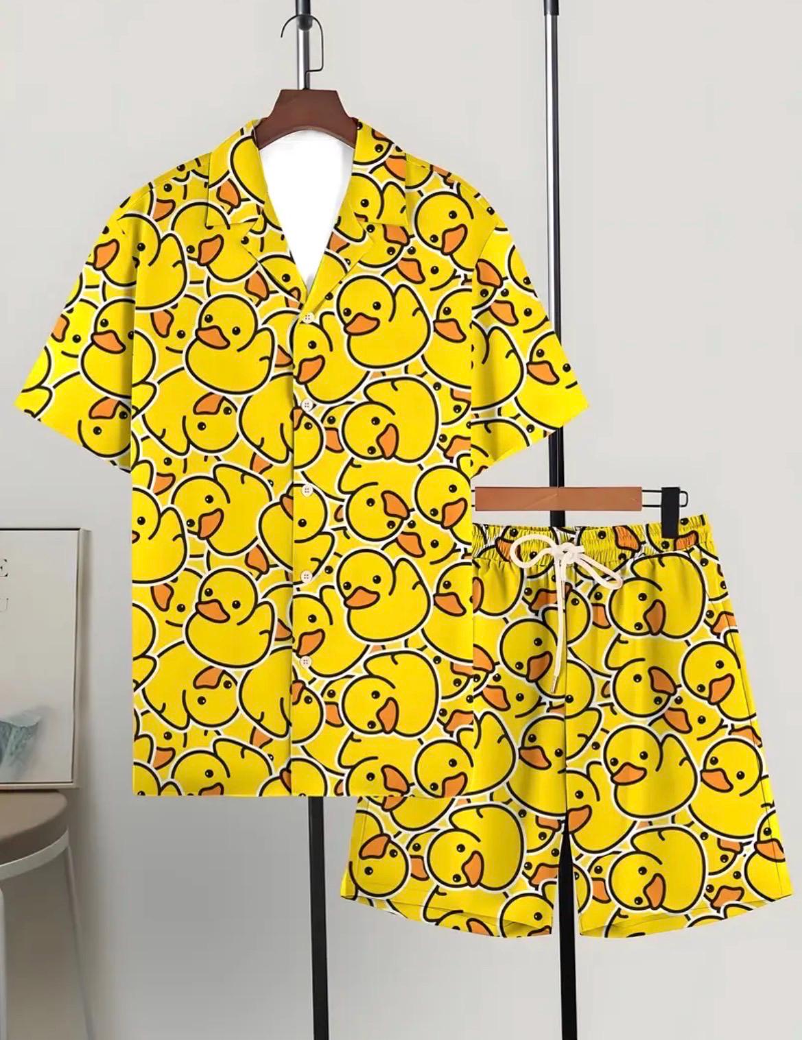 Men's Yellow Duck Print Shirt and Shorts Set, Summer Beach Vacation Outfit