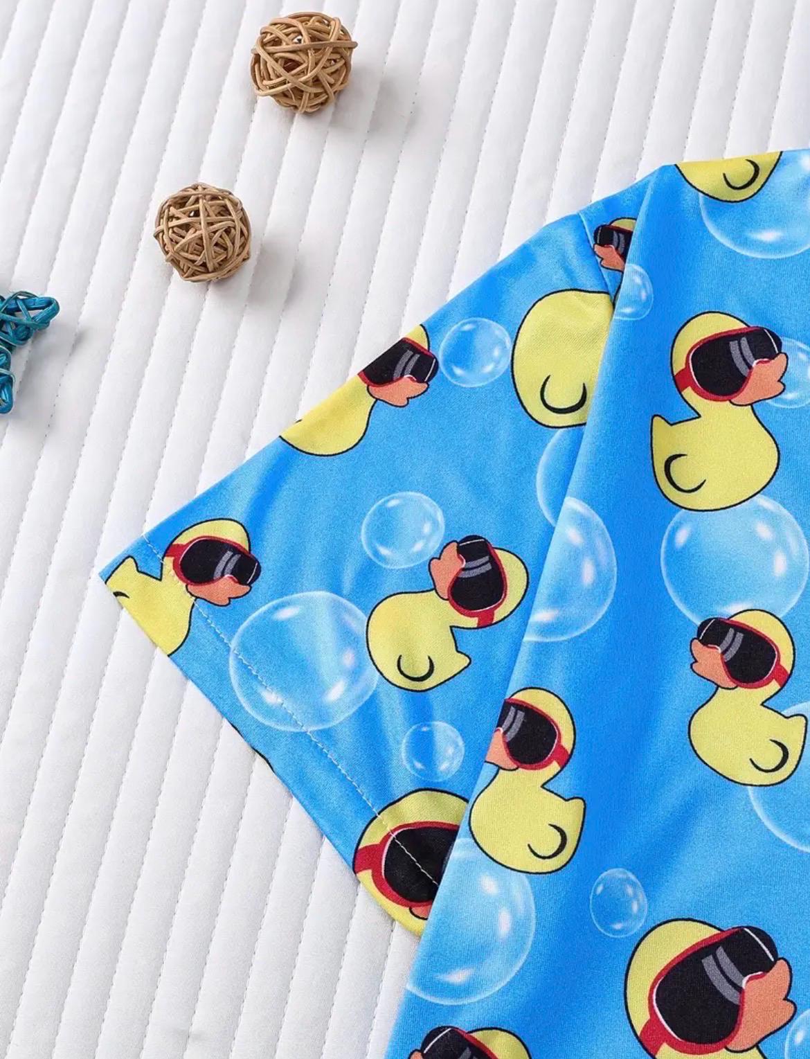 Boys Rubber Duck Summer Outfit Set, Beach Vacation Button-Up Shirt and Shorts