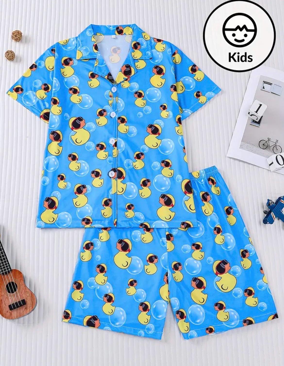 Boys Rubber Duck Summer Outfit Set, Beach Vacation Button-Up Shirt and Shorts