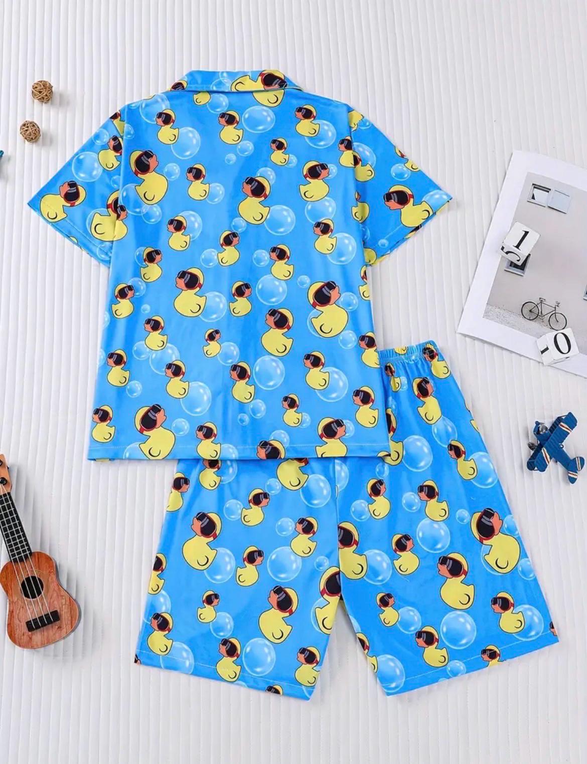 Boys Rubber Duck Summer Outfit Set, Beach Vacation Button-Up Shirt and Shorts