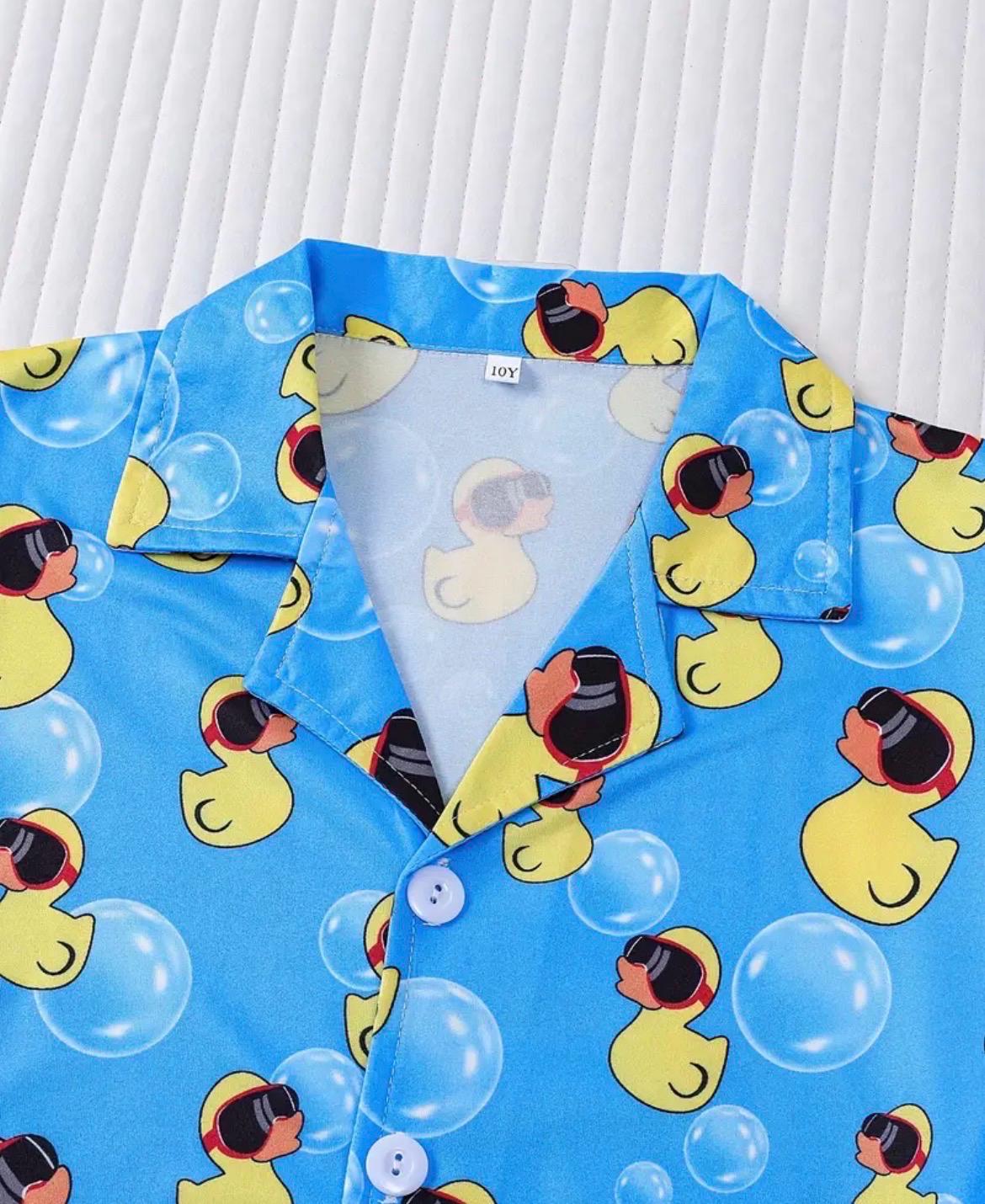 Boys Rubber Duck Summer Outfit Set, Beach Vacation Button-Up Shirt and Shorts