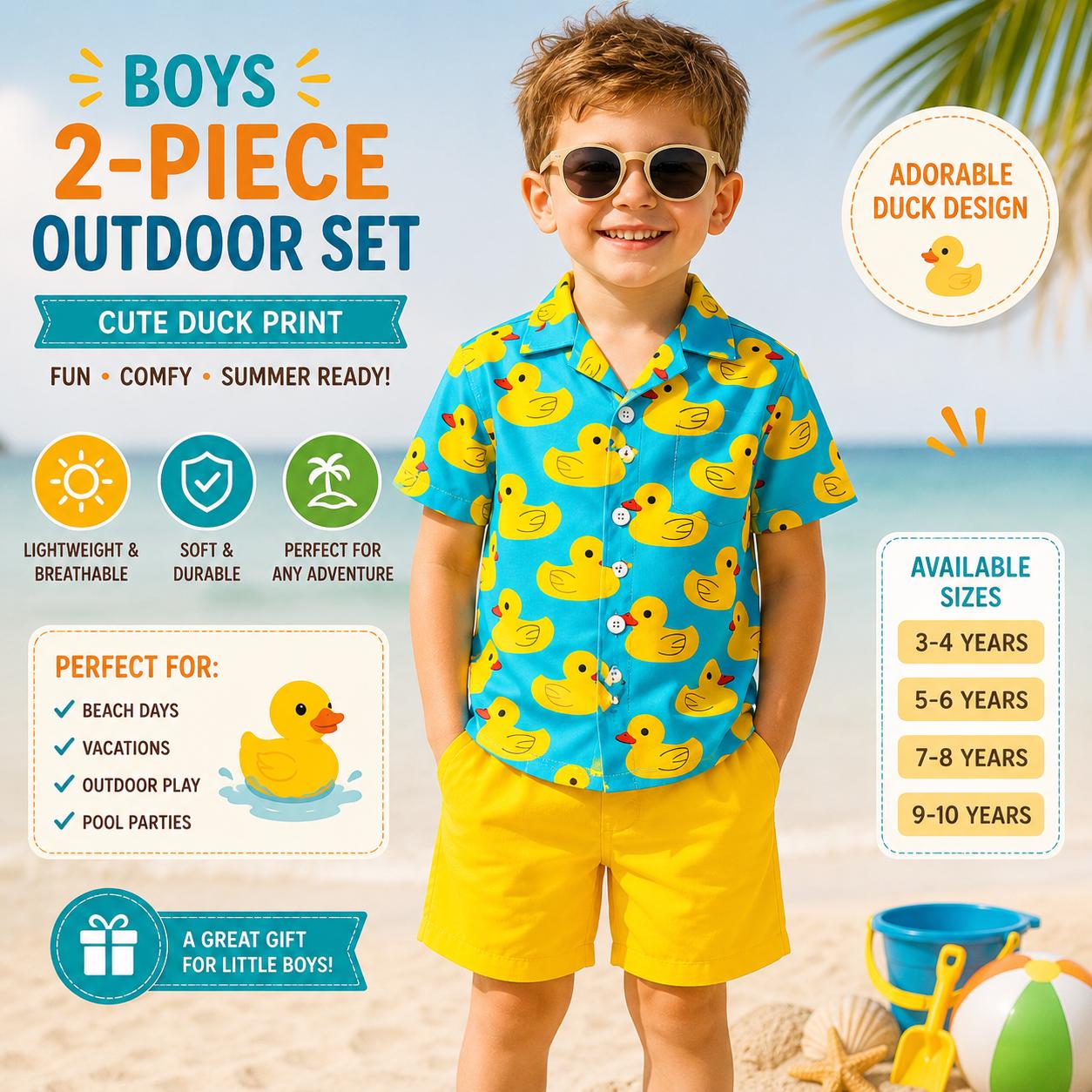 Boys Rubber Duck Print 2-Piece Summer Set, Beach Vacation Outfit
