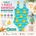 Girls Teal Duck One Piece Swimsuit – Cute Rubber Duck Bathing Suit for Kids, Summer Pool Swimwear Ages 3-10, Beach Vacation Outfit