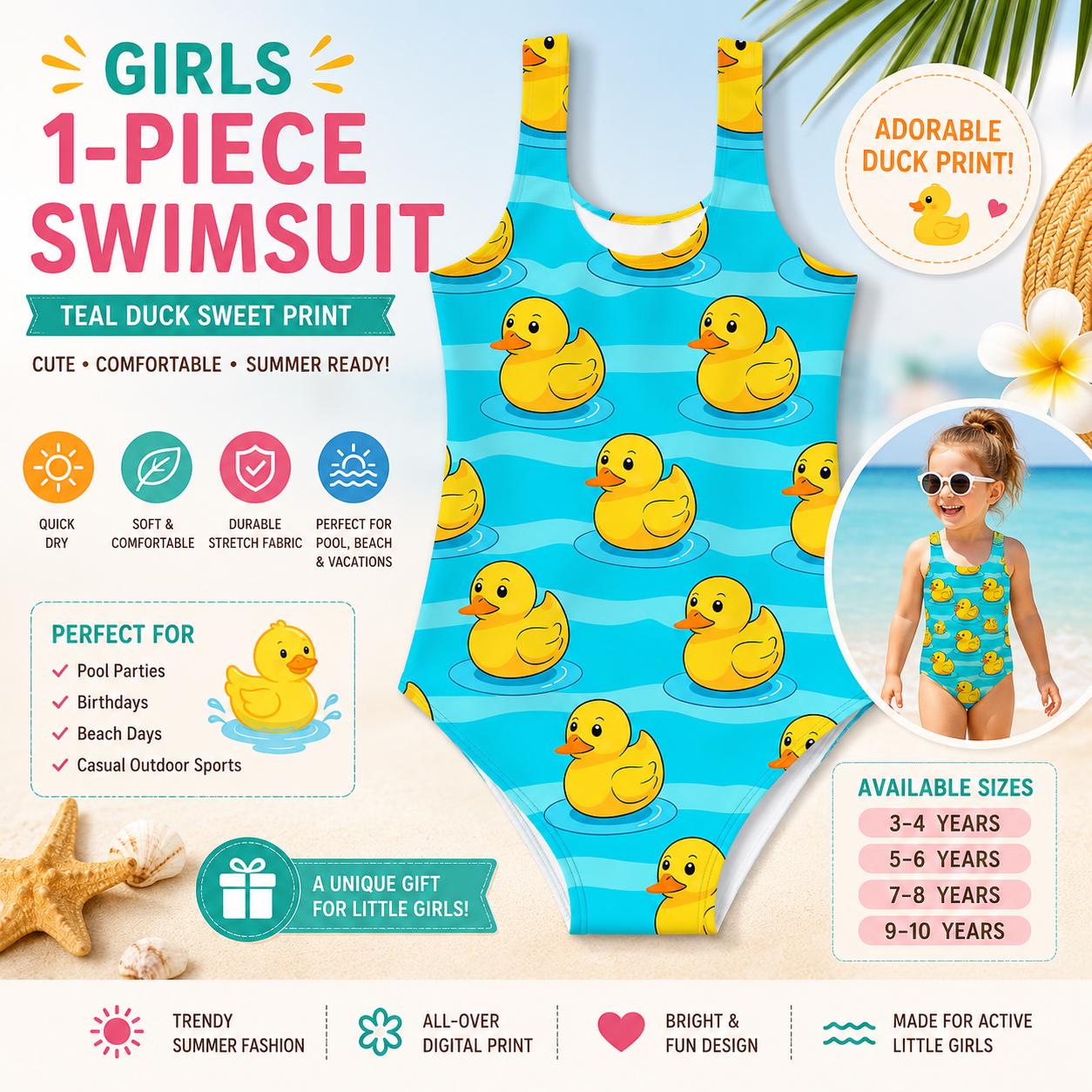 Girls Teal Duck One Piece Swimsuit – Cute Rubber Duck Bathing Suit for Kids, Summer Pool Swimwear Ages 3-10, Beach Vacation Outfit