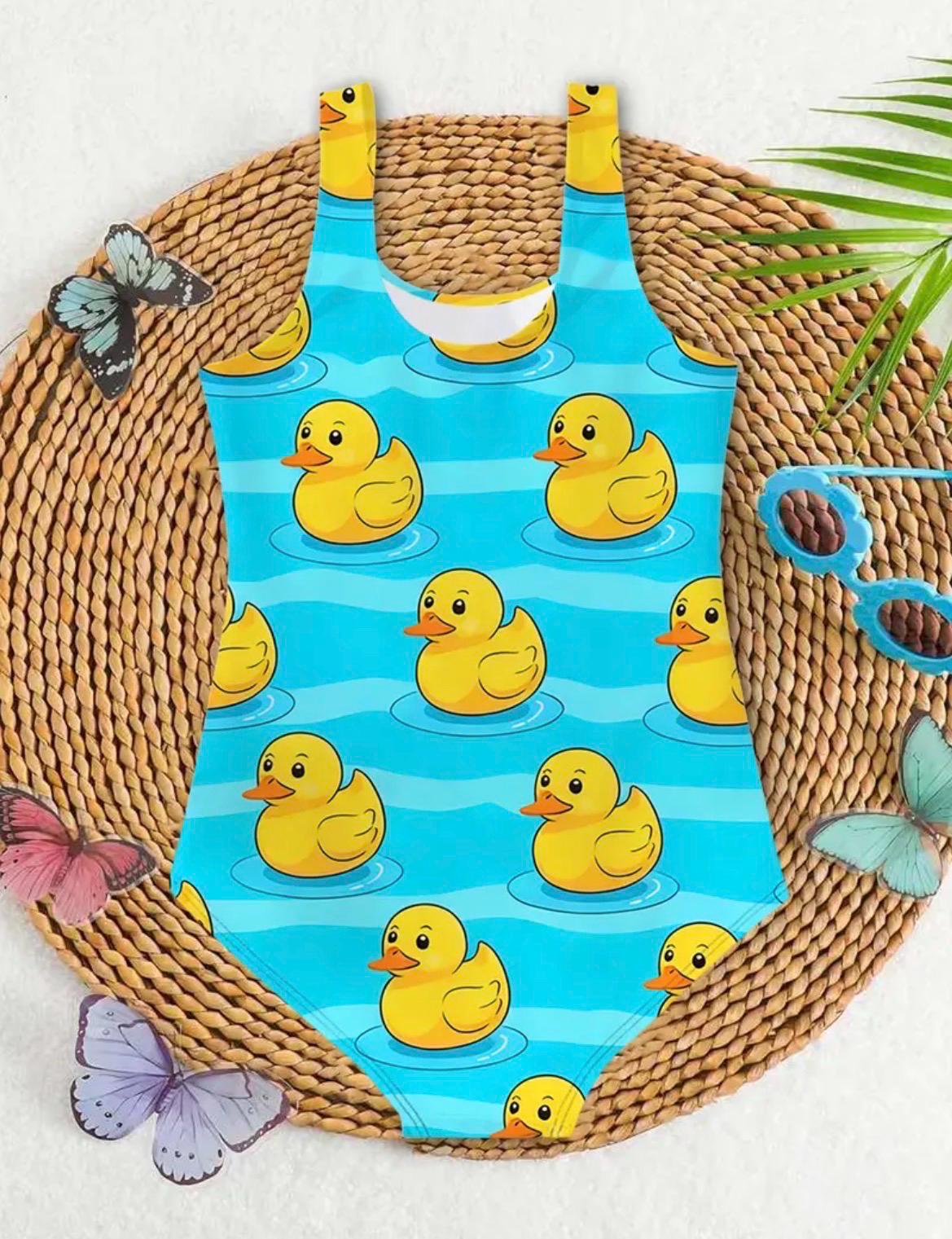 Girls Teal Duck One Piece Swimsuit – Cute Rubber Duck Bathing Suit for Kids, Summer Pool Swimwear Ages 3-10, Beach Vacation Outfit