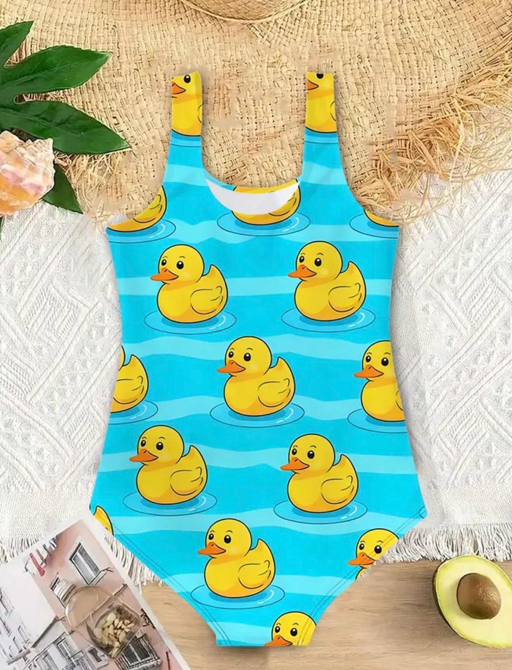 Girls Teal Duck One Piece Swimsuit – Cute Rubber Duck Bathing Suit for Kids, Summer Pool Swimwear Ages 3-10, Beach Vacation Outfit