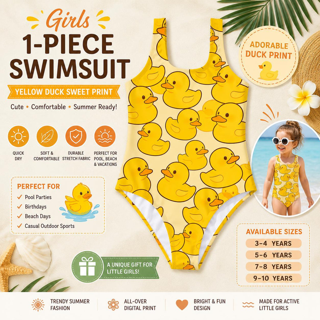 Girls Yellow Rubber Duck One Piece Swimsuit – Cute Duck Print Bathing Suit for Toddlers & Kids, Summer Pool Swimwear Sizes 3-10 Years