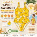 Girls Yellow Rubber Duck One Piece Swimsuit – Cute Duck Print Bathing Suit for Toddlers & Kids, Summer Pool Swimwear Sizes 3-10 Years