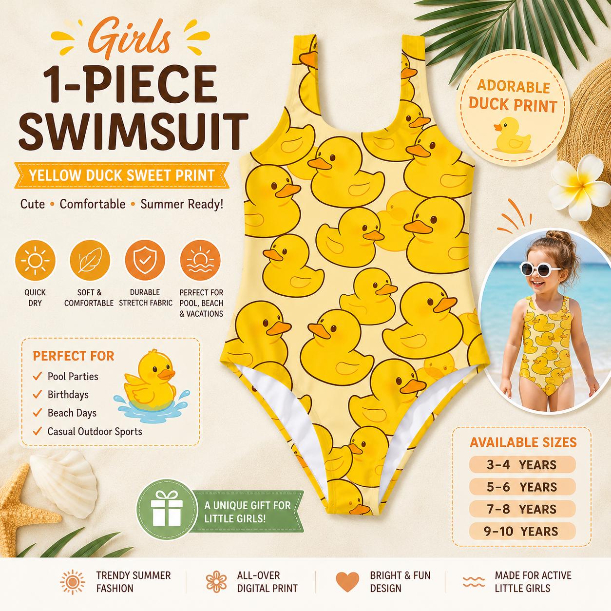 Girls Yellow Rubber Duck One Piece Swimsuit – Cute Duck Print Bathing Suit for Toddlers & Kids, Summer Pool Swimwear Sizes 3-10 Years