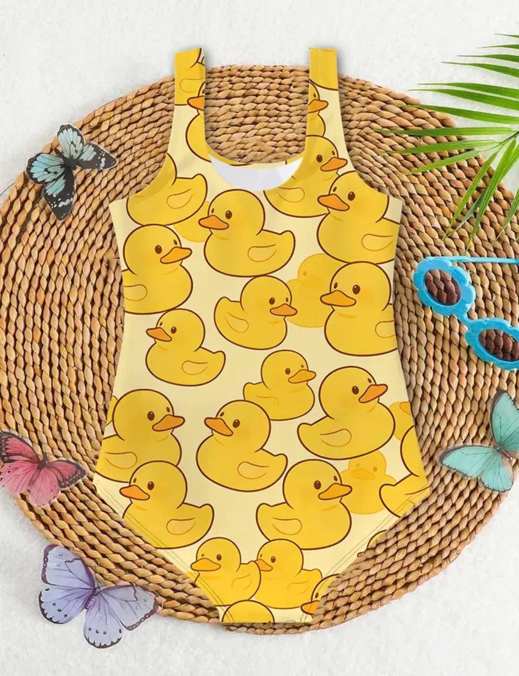 Girls Yellow Rubber Duck One Piece Swimsuit – Cute Duck Print Bathing Suit for Toddlers & Kids, Summer Pool Swimwear Sizes 3-10 Years