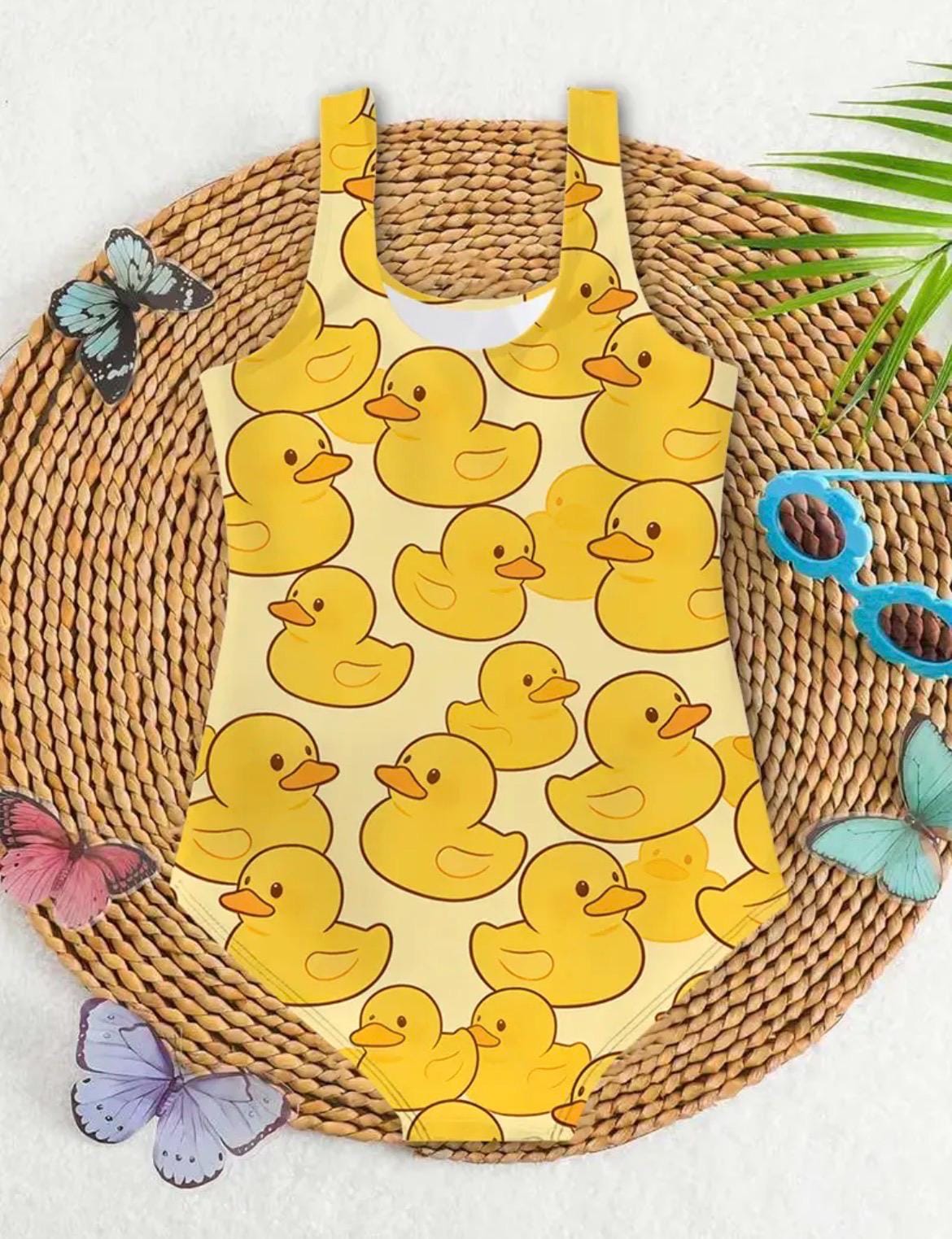 Girls Yellow Rubber Duck One Piece Swimsuit – Cute Duck Print Bathing Suit for Toddlers & Kids, Summer Pool Swimwear Sizes 3-10 Years