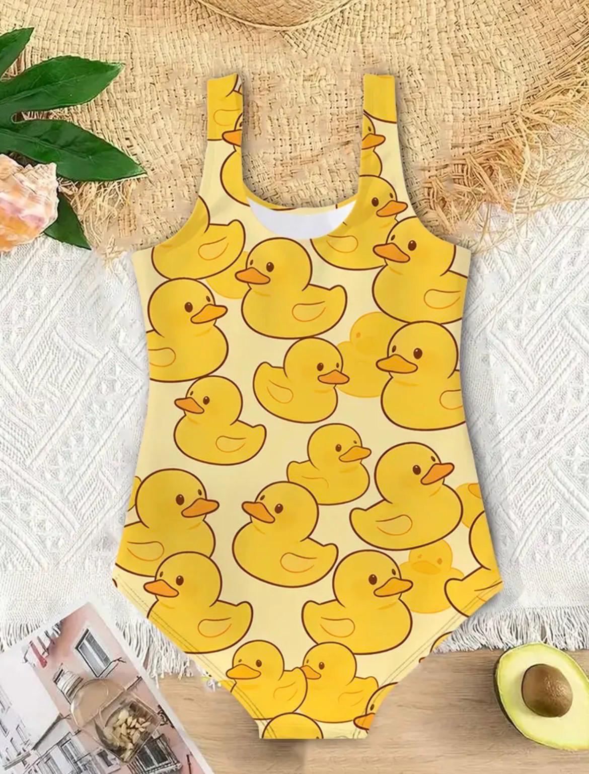 Girls Yellow Rubber Duck One Piece Swimsuit – Cute Duck Print Bathing Suit for Toddlers & Kids, Summer Pool Swimwear Sizes 3-10 Years