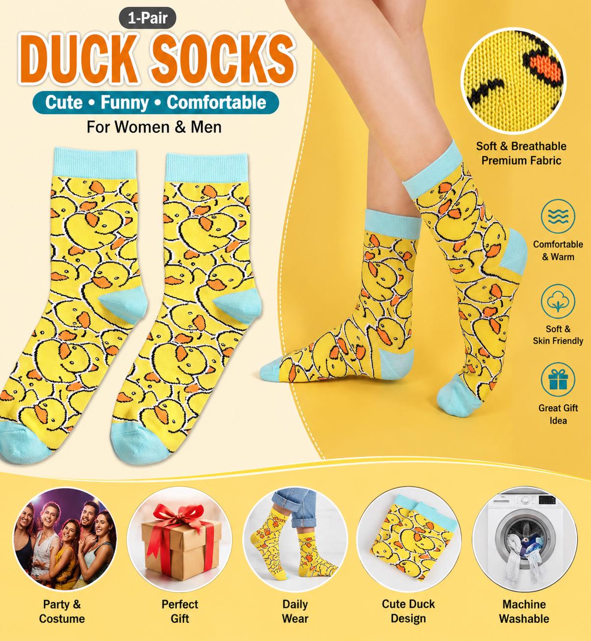 Yellow Duck Print Crew Socks, Novelty Animal Pattern, Cozy Unisex Socks