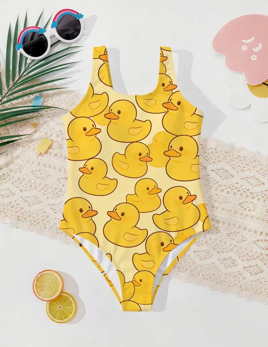 Girls Yellow Rubber Duck One Piece Swimsuit – Cute Duck Print Bathing Suit for Toddlers & Kids, Summer Pool Swimwear Sizes 3-10 Years