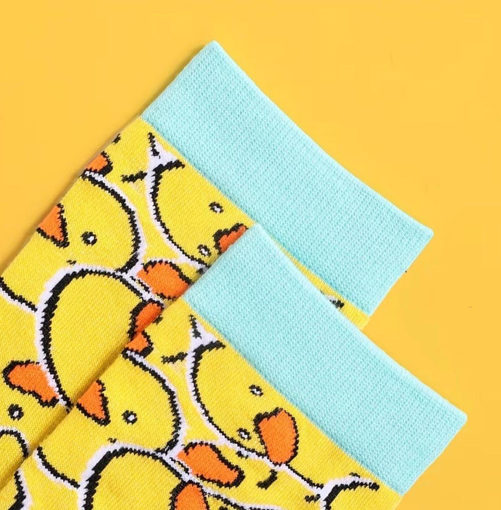 Yellow Duck Print Crew Socks, Novelty Animal Pattern, Cozy Unisex Socks