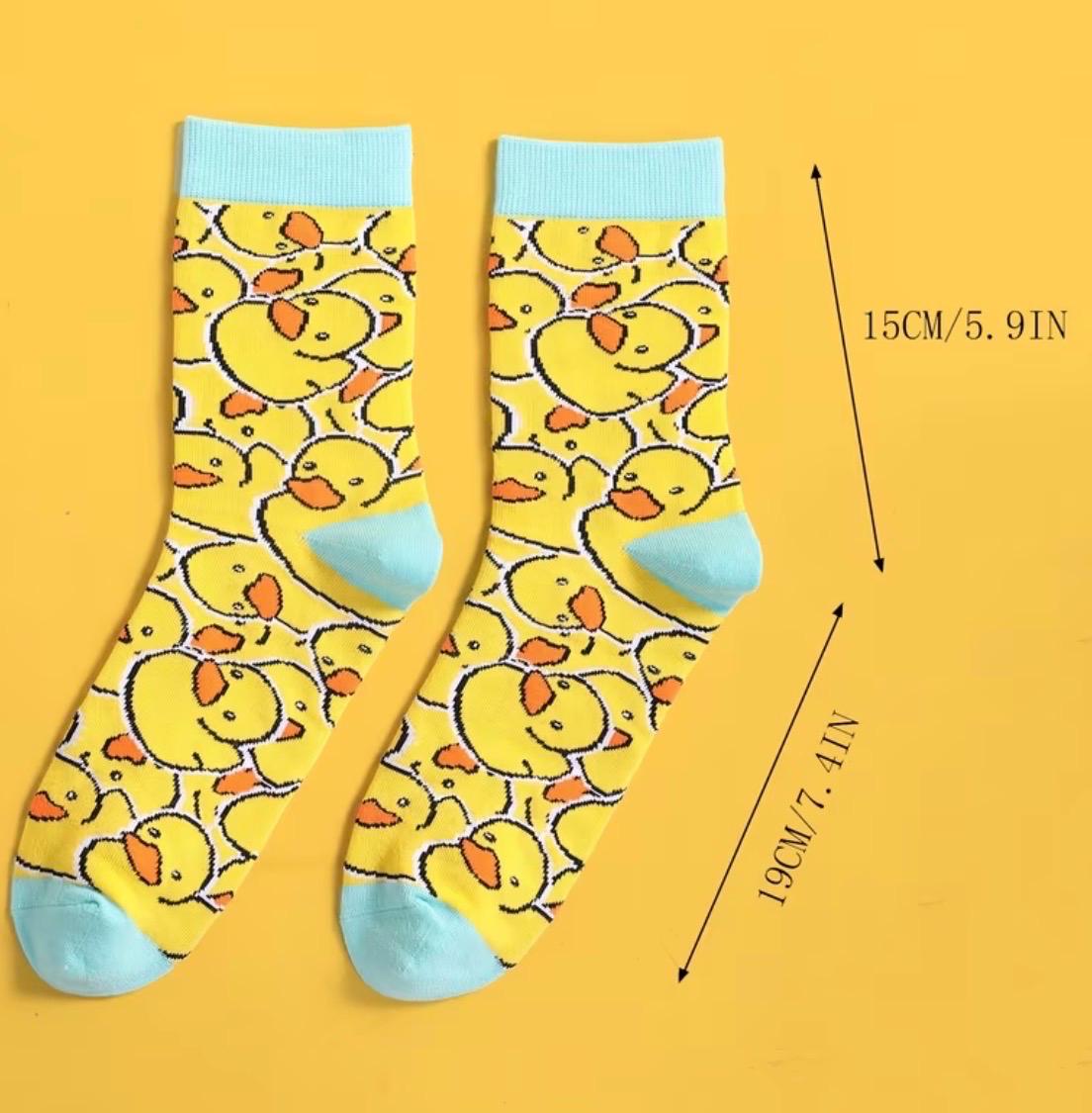 Yellow Duck Print Crew Socks, Novelty Animal Pattern, Cozy Unisex Socks