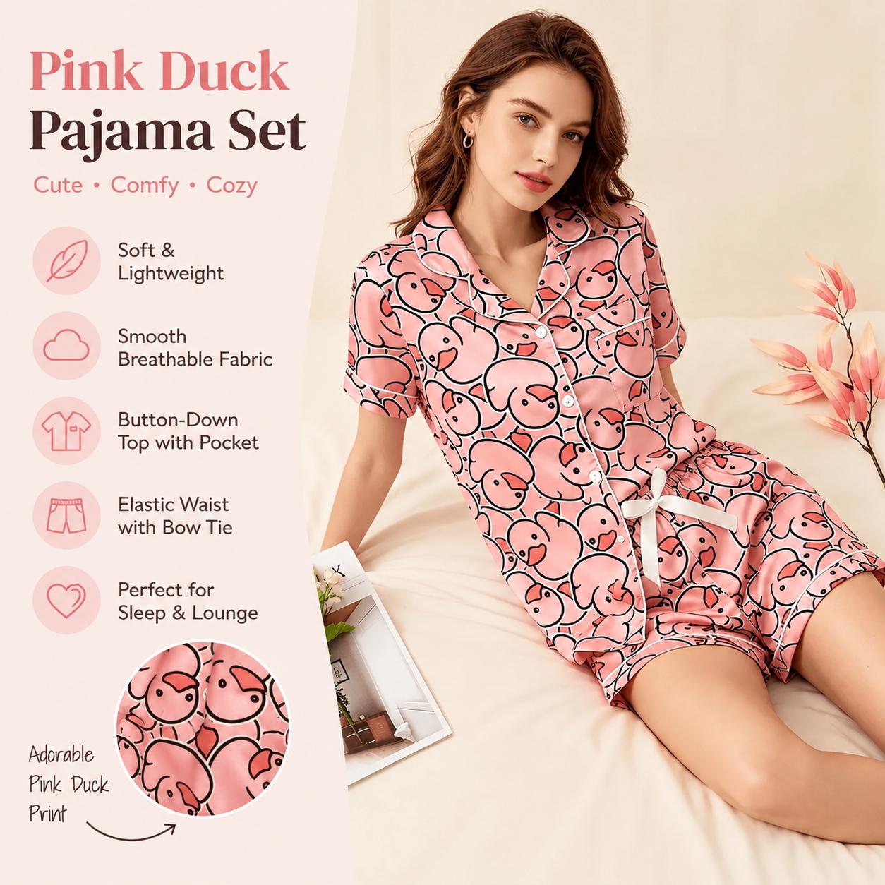 Pink Duck Pajama Set – Button Down Sleepwear, Soft Lightweight Lounge Set