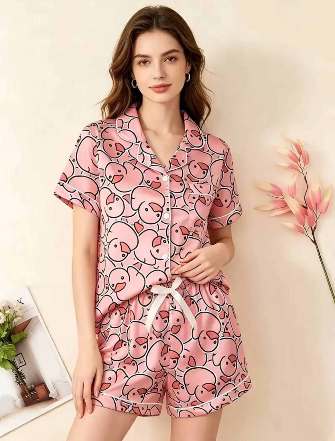 Pink Duck Pajama Set – Button Down Sleepwear, Soft Lightweight Lounge Set