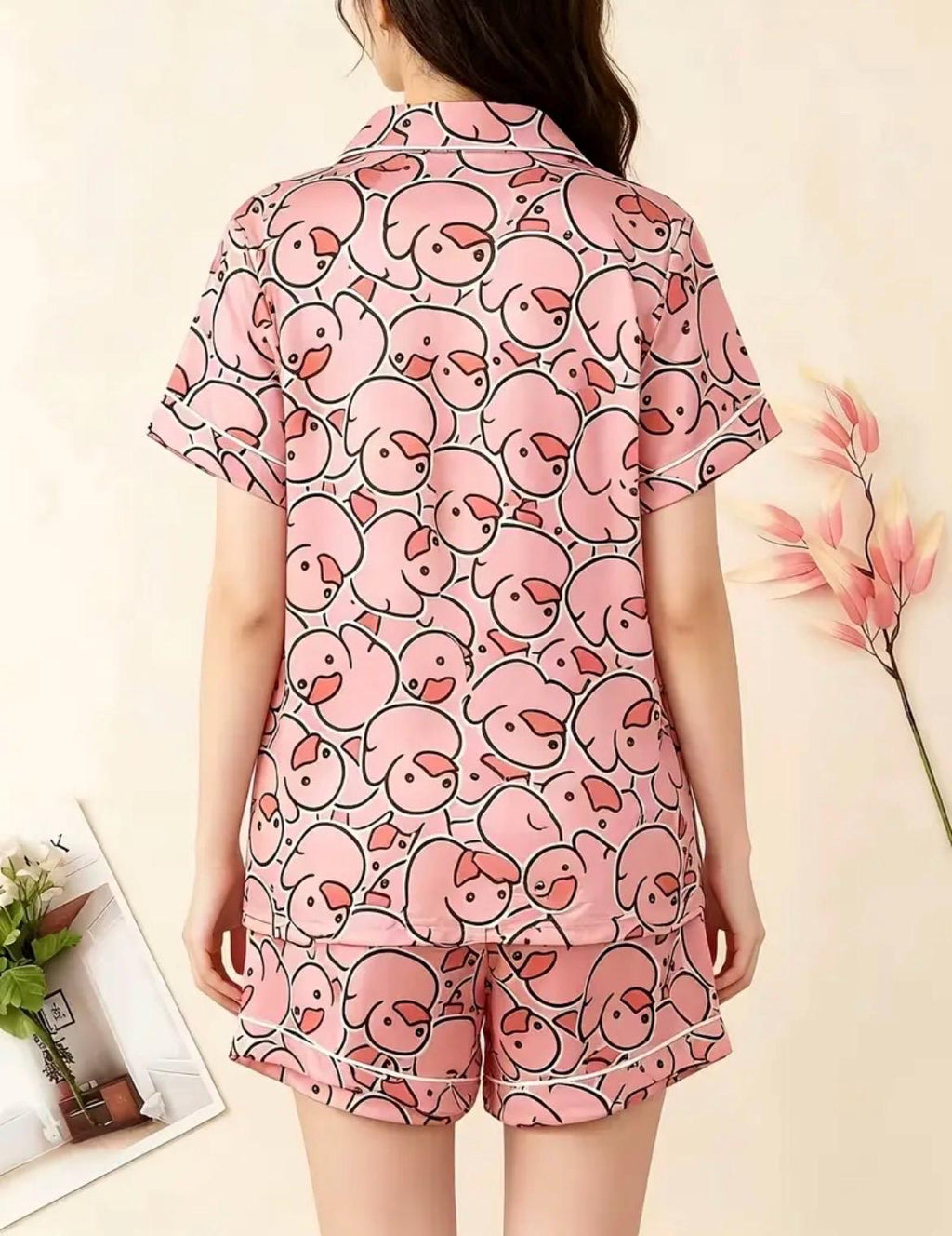 Pink Duck Pajama Set – Button Down Sleepwear, Soft Lightweight Lounge Set