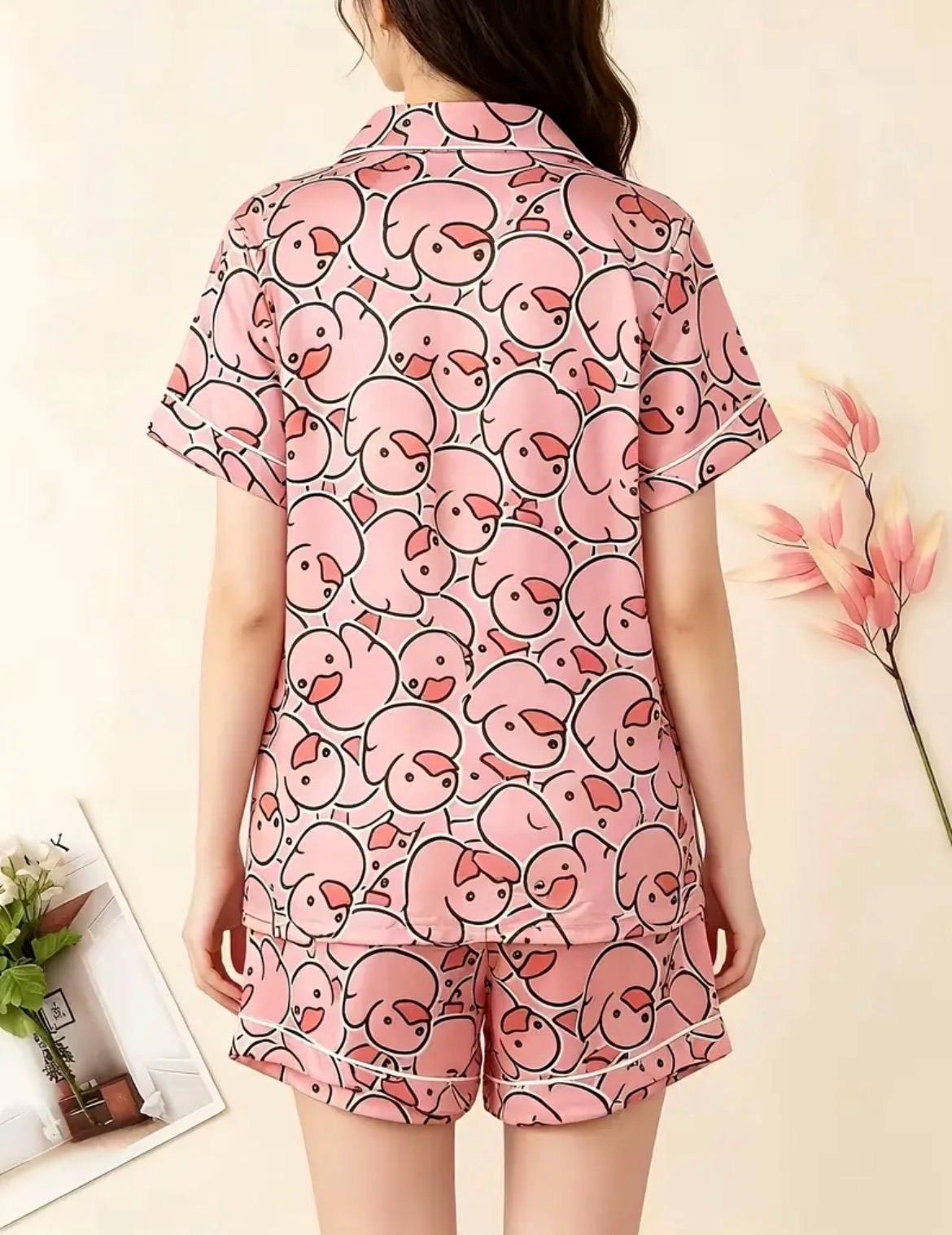 Pink Duck Pajama Set – Button Down Sleepwear, Soft Lightweight Lounge Set