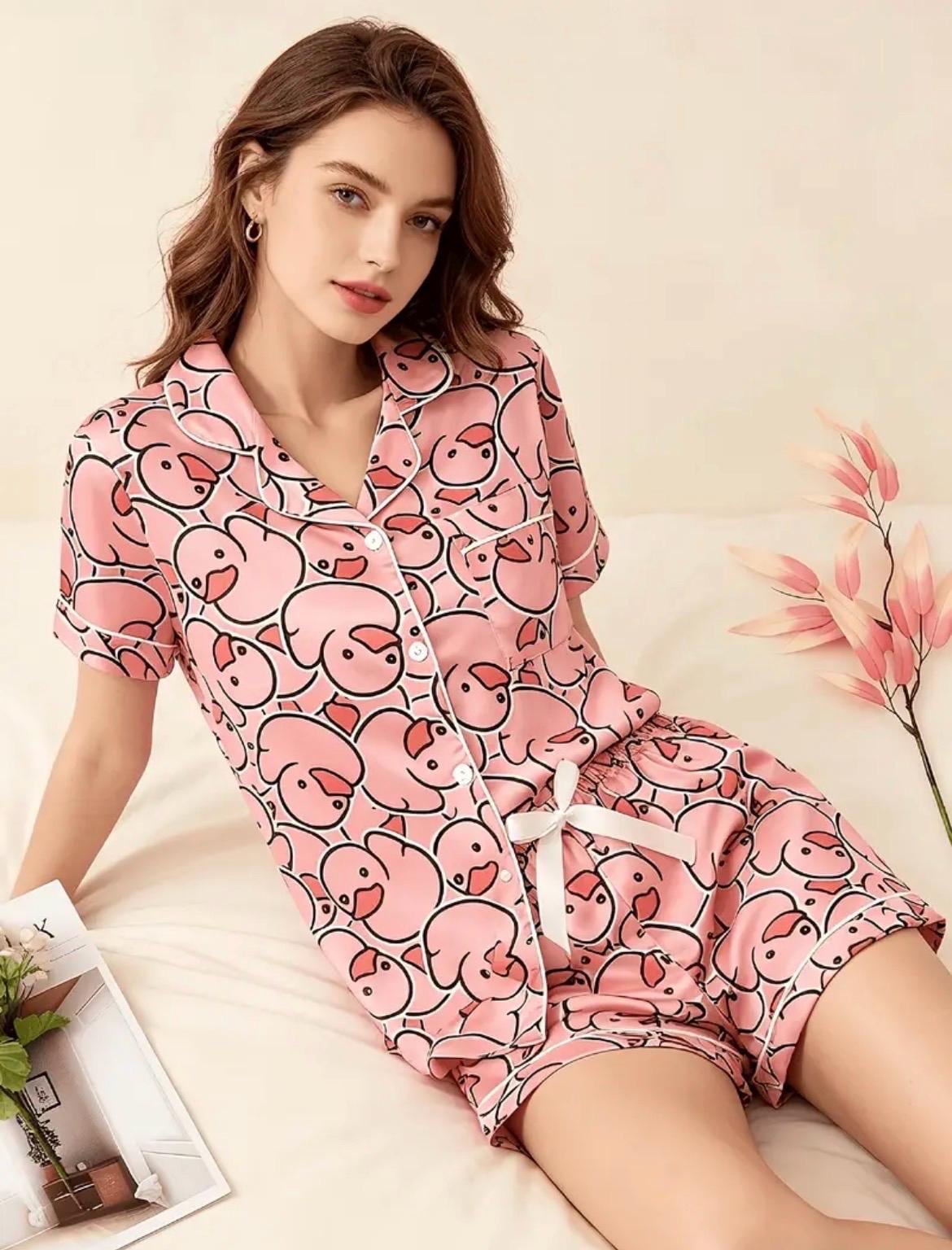 Pink Duck Pajama Set – Button Down Sleepwear, Soft Lightweight Lounge Set