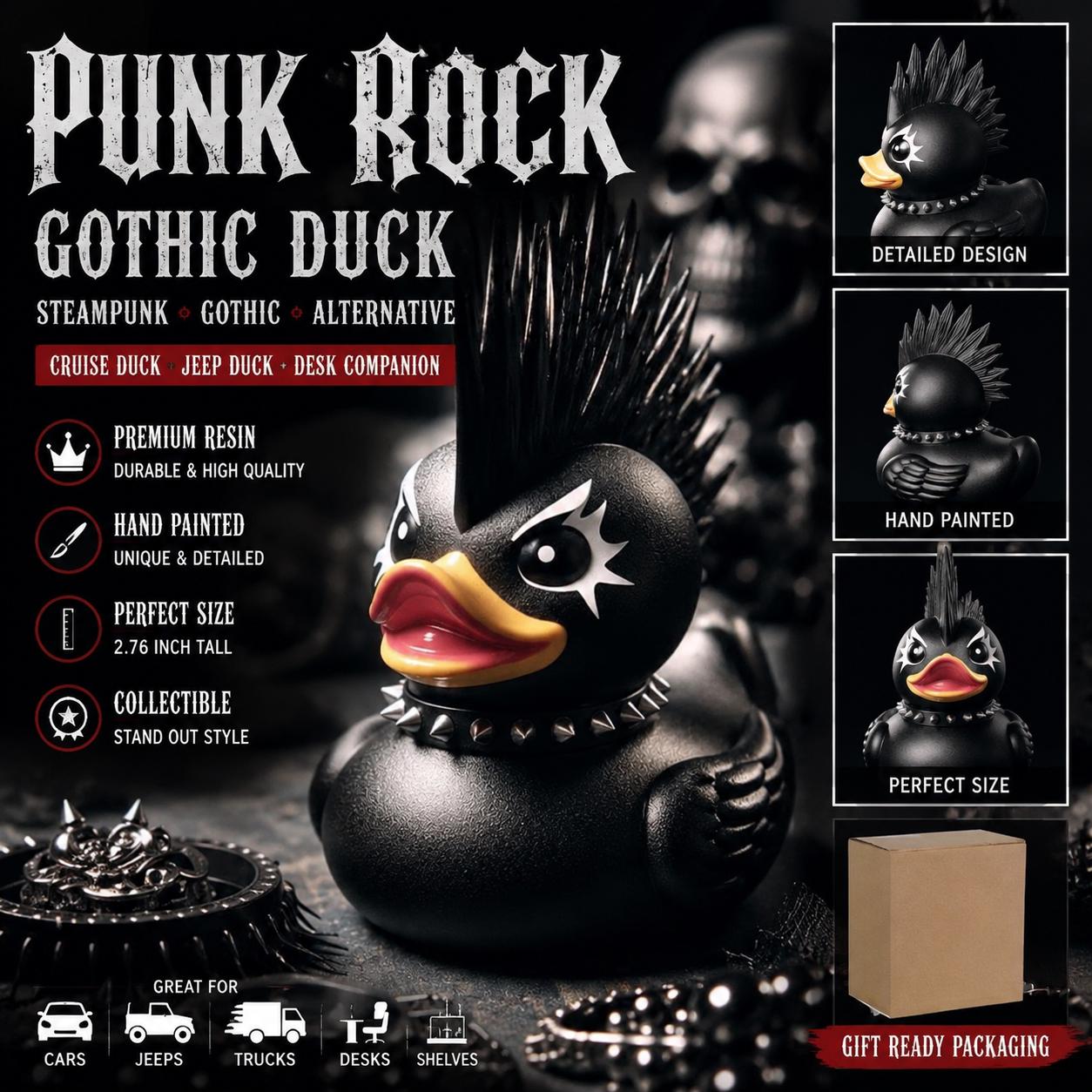 Large Resin -Gothic Punk Rock Resin Duck – Steampunk Mohawk Devil Collectible Ornament (2.76 Inch)