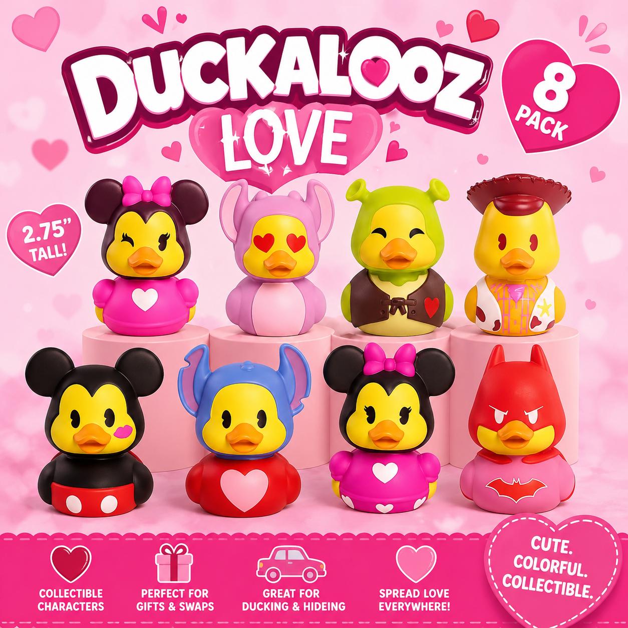 2 INCH - 8pc Duckalooz Love Rubber Ducks, Valentine Character Inspired Collectible Ducks