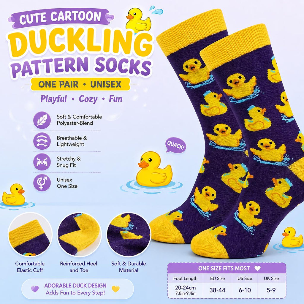 Unisex Rubber Duck Pattern Socks – Purple Yellow Cartoon Duckling Crew Socks