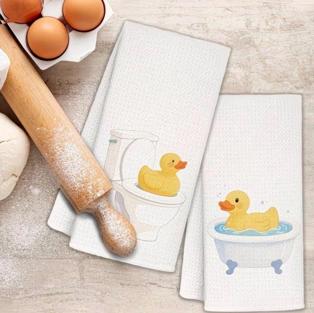 2-Piece Rubber Duck Kitchen Towels | Bathtub, Toilet Humor Decor