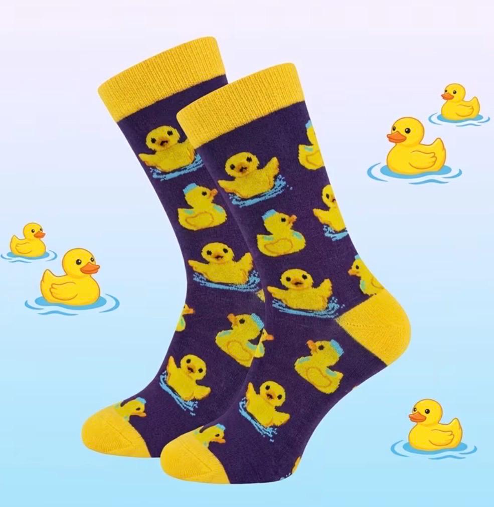 Unisex Rubber Duck Pattern Socks – Purple Yellow Cartoon Duckling Crew Socks