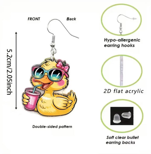 2D Flat Acrylic Duck Earrings – Cartoon Dangle Jewelry for Duck Lovers