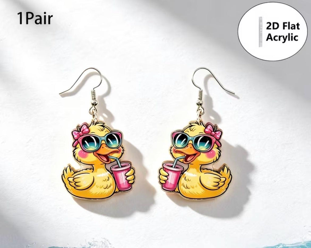 2D Flat Acrylic Duck Earrings – Cartoon Dangle Jewelry for Duck Lovers