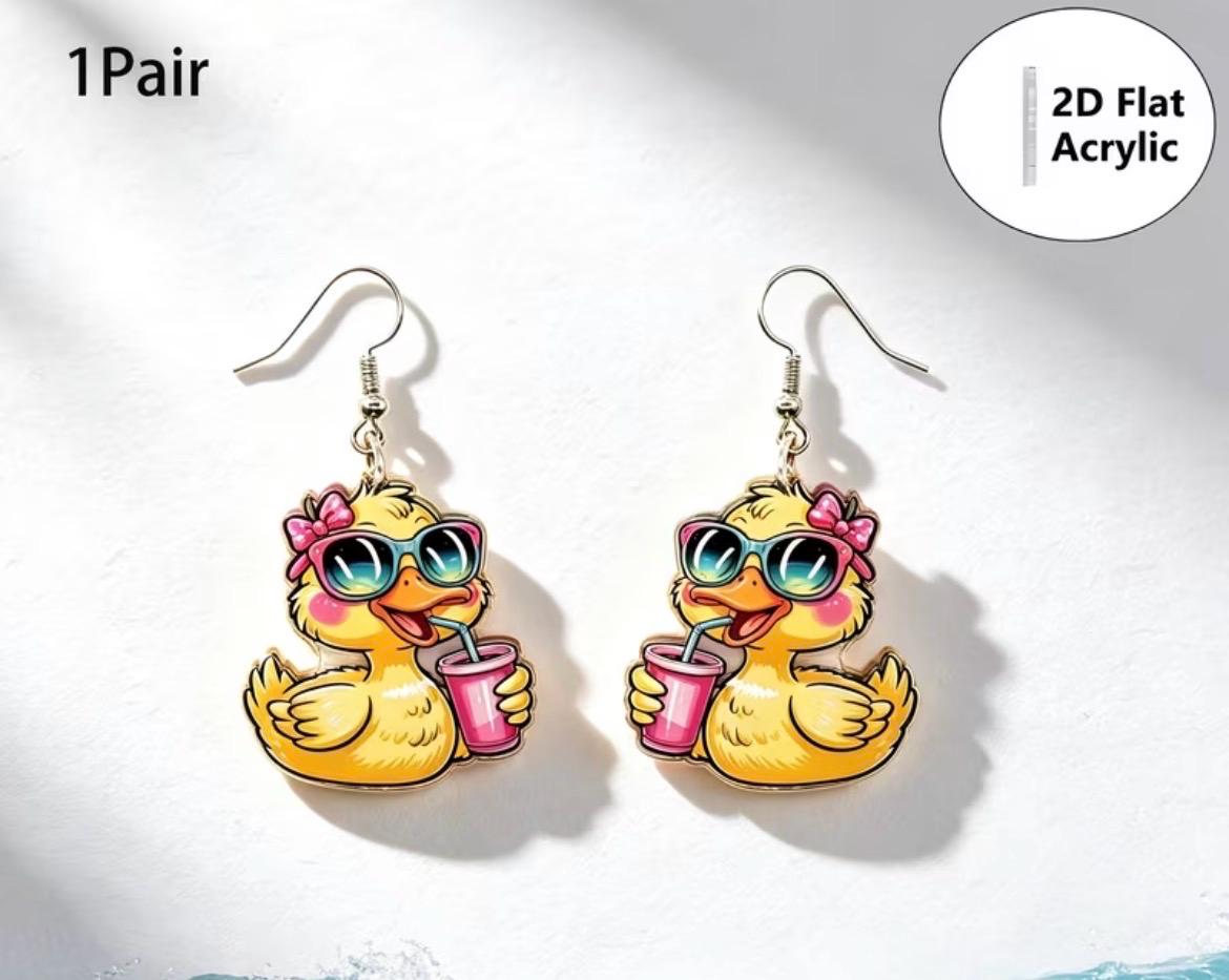 2D Flat Acrylic Duck Earrings – Cartoon Dangle Jewelry for Duck Lovers