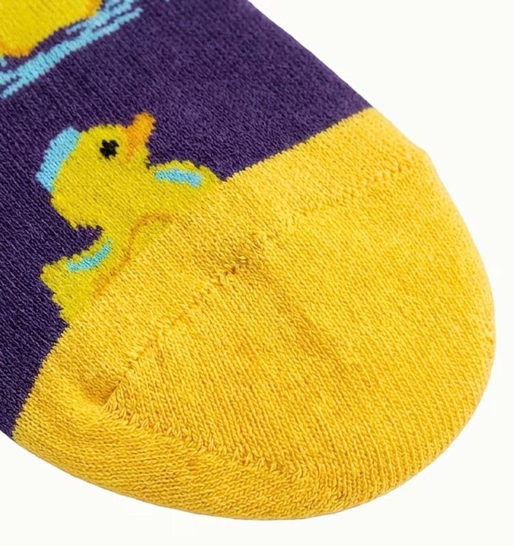 Unisex Rubber Duck Pattern Socks – Purple Yellow Cartoon Duckling Crew Socks