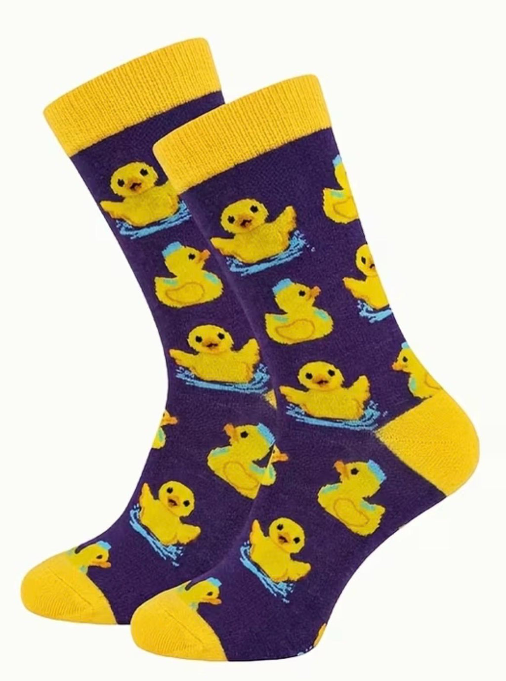 Unisex Rubber Duck Pattern Socks – Purple Yellow Cartoon Duckling Crew Socks
