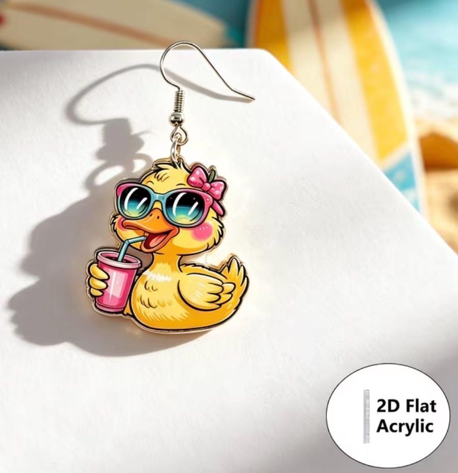 2D Flat Acrylic Duck Earrings – Cartoon Dangle Jewelry for Duck Lovers