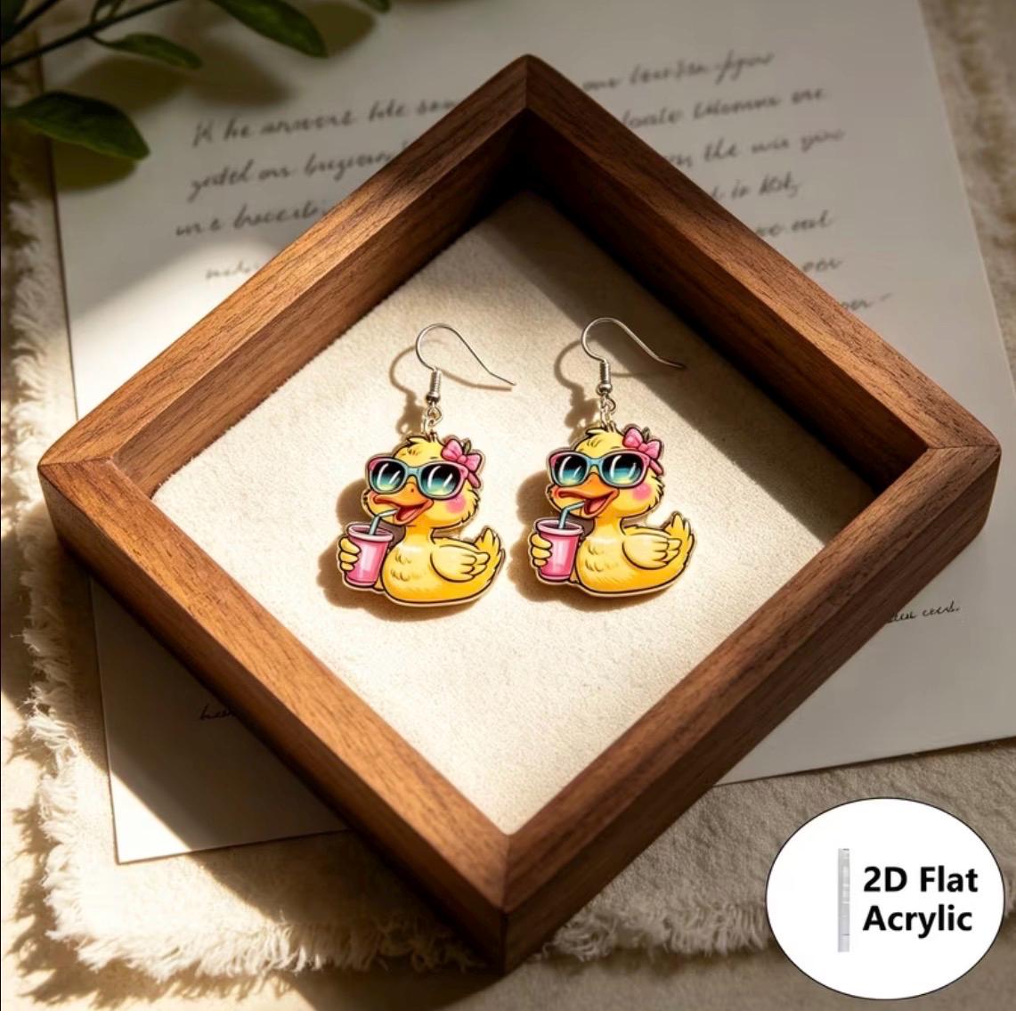2D Flat Acrylic Duck Earrings – Cartoon Dangle Jewelry for Duck Lovers