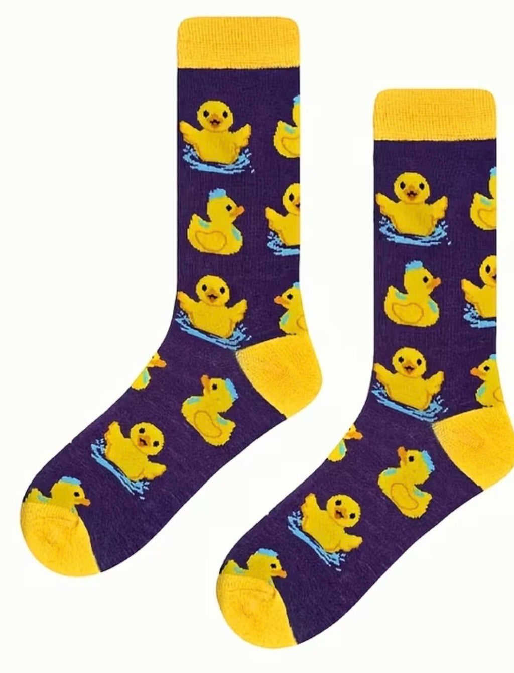 Unisex Rubber Duck Pattern Socks – Purple Yellow Cartoon Duckling Crew Socks