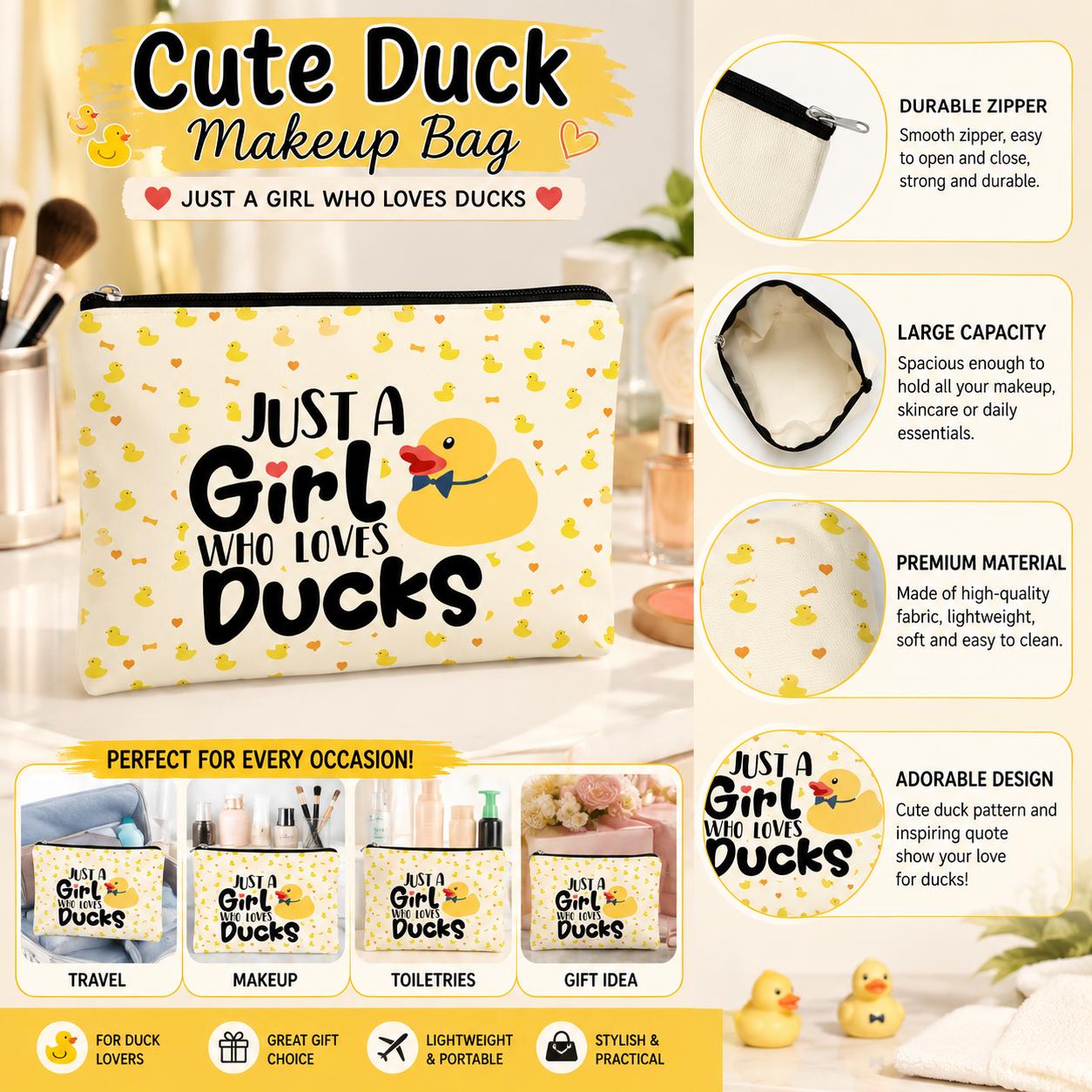 Just A Girl Who Loves Ducks – Makeup Bag – Rubber Duck Cosmetic Pouch, Travel Organizer