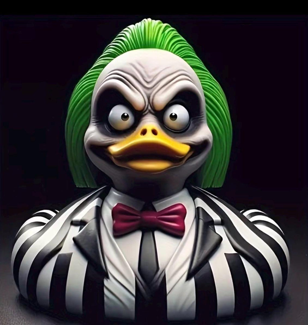 Large Resin -Beetlejuice Themed Duck, Hand Painted Resin Figurine, Horror Halloween Collectible