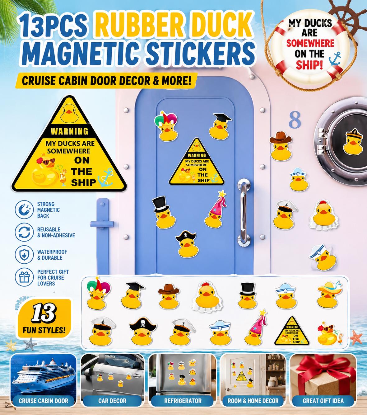 13PCS Cruise Duck Set, Themed Rubber Duck Stickers for Cabin Door, Reusable Waterproof Magnets