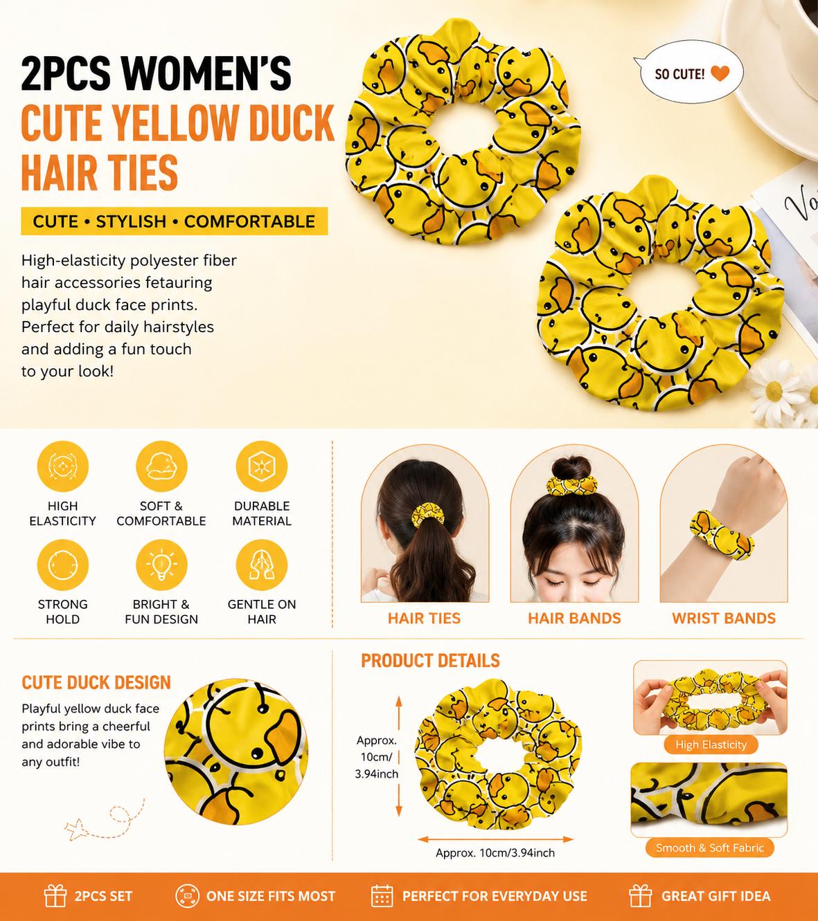 2-Piece Yellow Duck Scrunchies | Playful Face Print Hair Ties, Soft Elastic Ponytail Holders