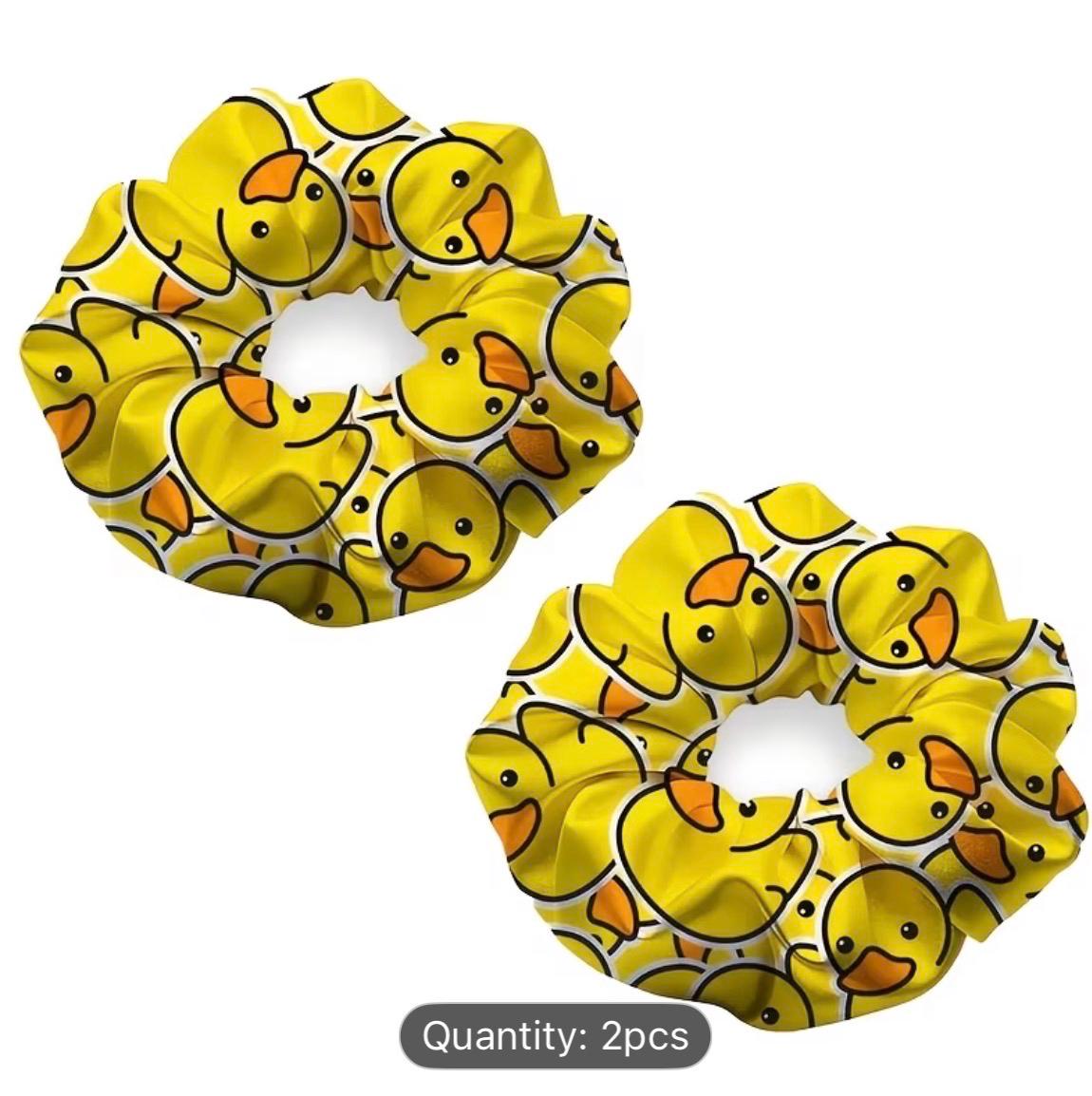 2-Piece Yellow Duck Scrunchies | Playful Face Print Hair Ties, Soft Elastic Ponytail Holders