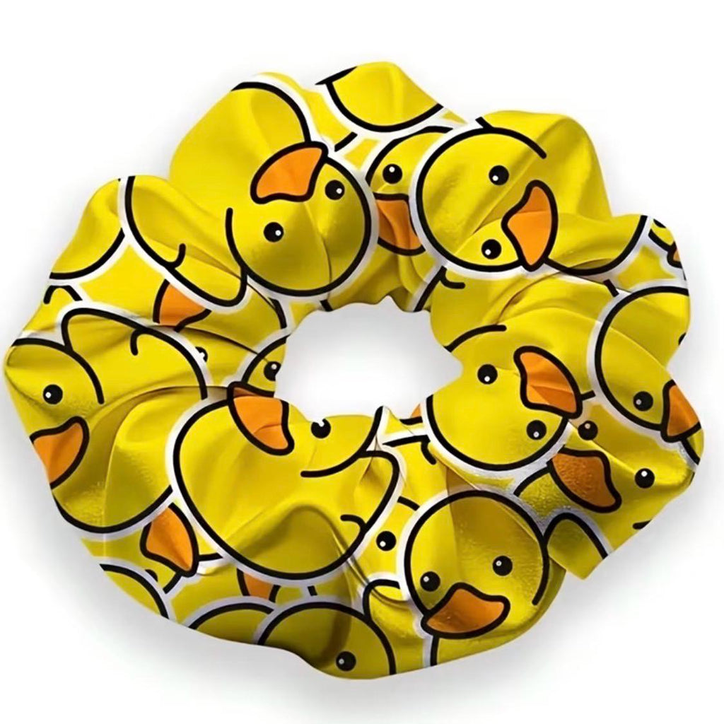 2-Piece Yellow Duck Scrunchies | Playful Face Print Hair Ties, Soft Elastic Ponytail Holders