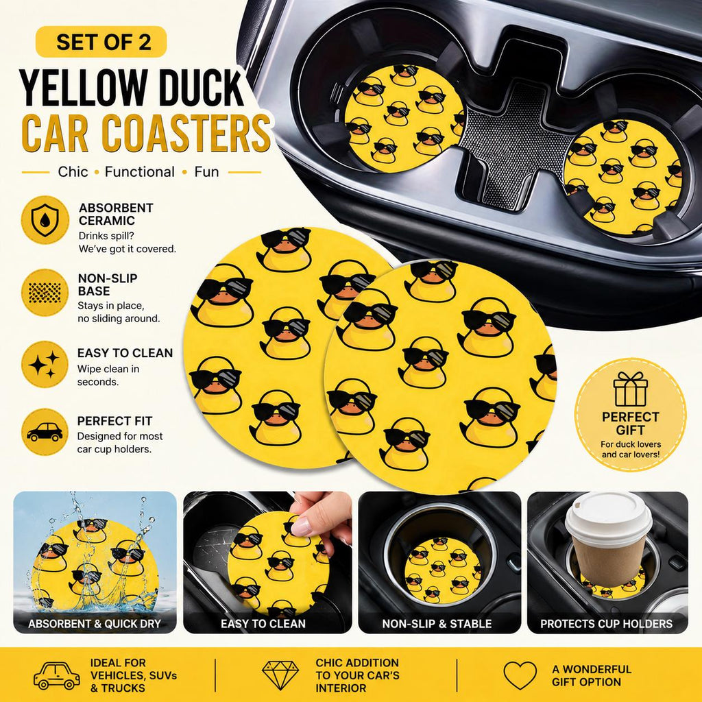 Set of 2 Yellow Duck Car Coasters, Sunglasses Duck Cup Holder Inserts, Absorbent Accessories