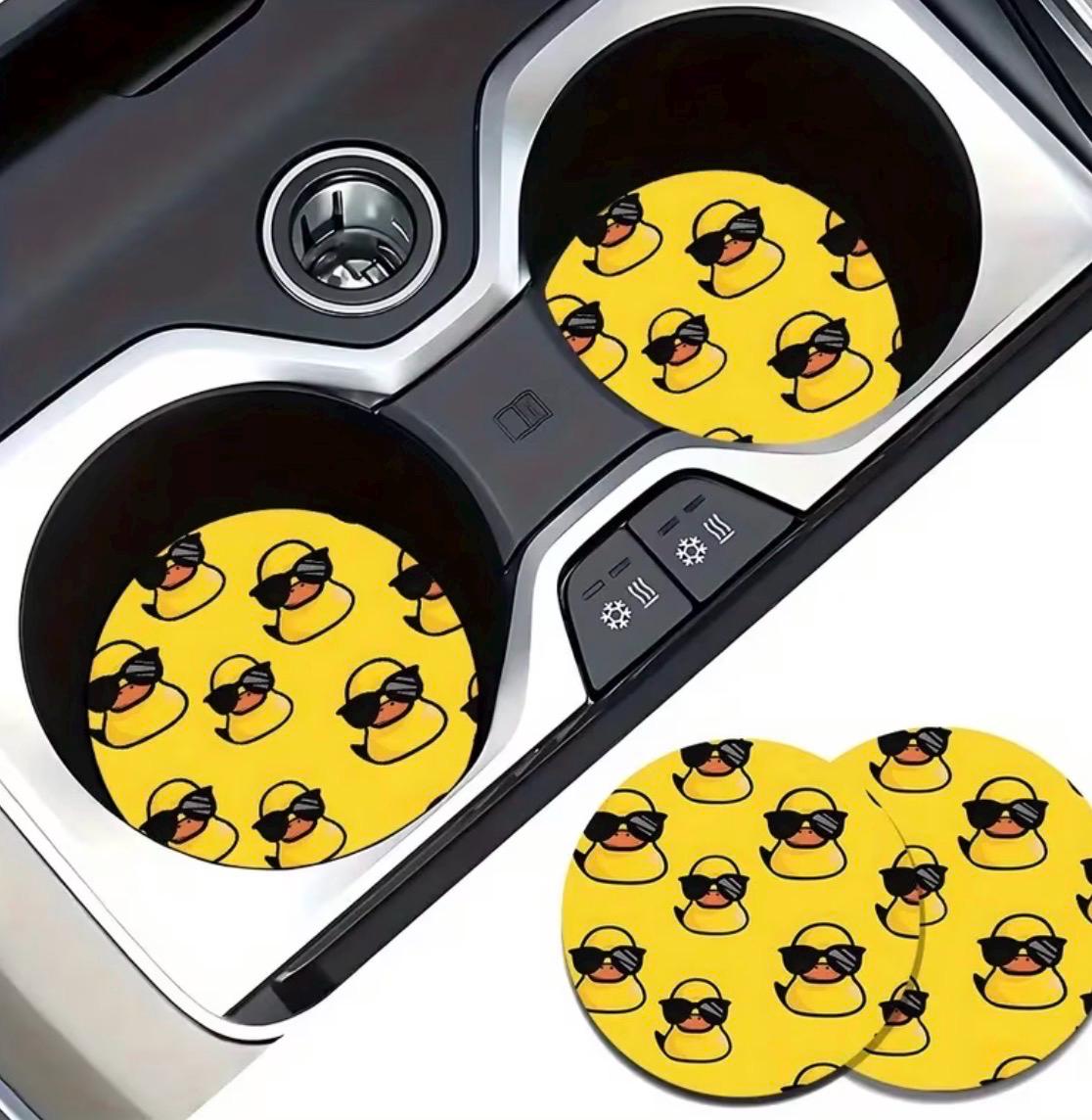 Set of 2 Yellow Duck Car Coasters, Sunglasses Duck Cup Holder Inserts, Absorbent Accessories