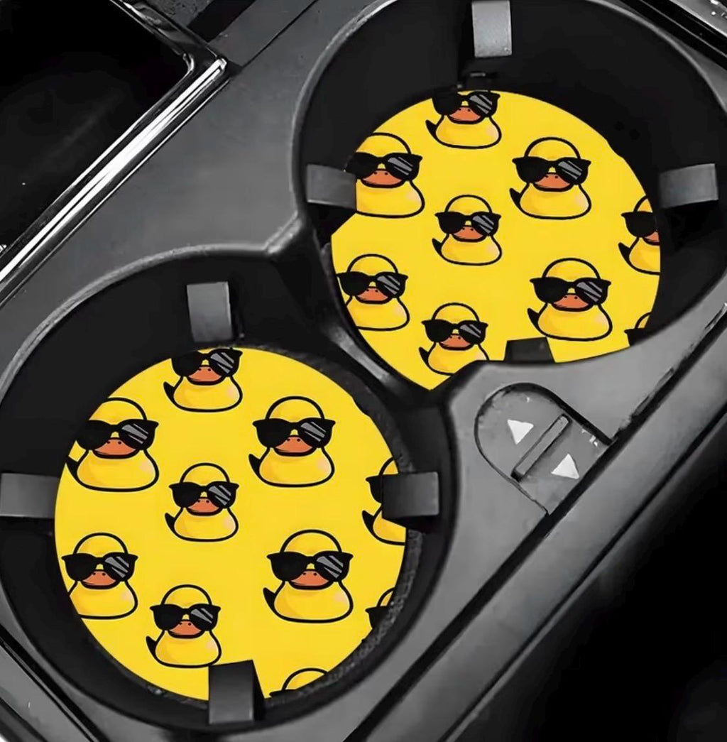 Set of 2 Yellow Duck Car Coasters, Sunglasses Duck Cup Holder Inserts, Absorbent Accessories